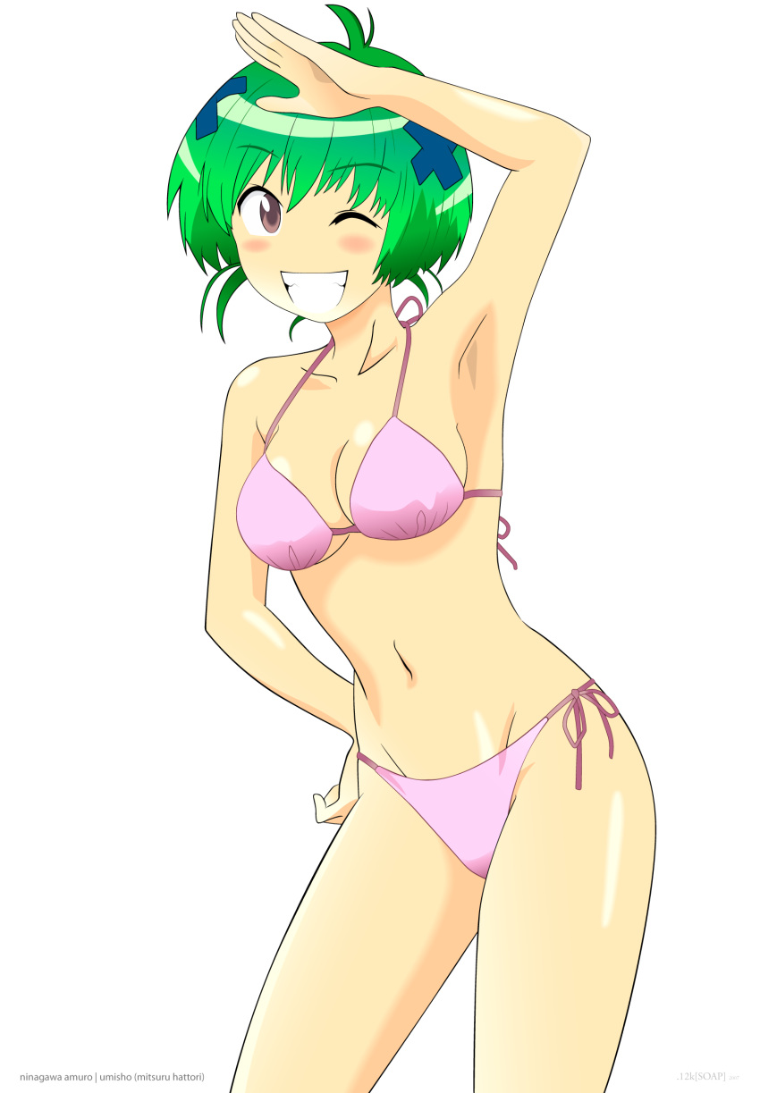 blush, brown_eyes, green_hair, highres, ninagawa_amuro, short_hair, swimsuit, umisho