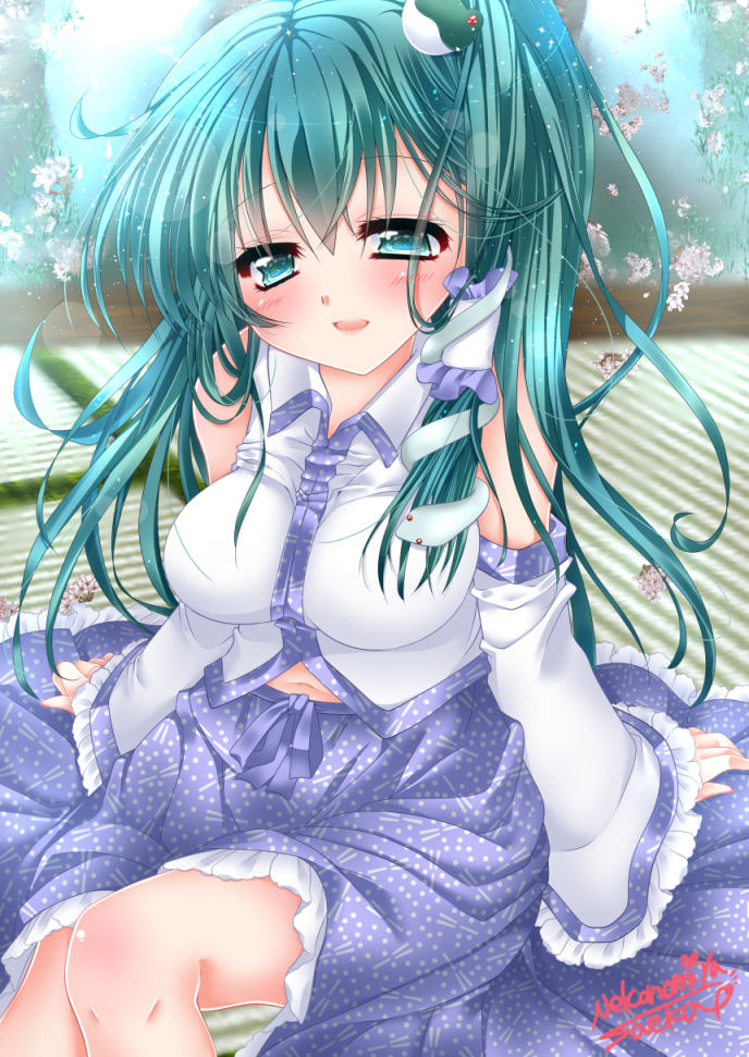 1girl, blush, breasts, detached_sleeves, frog_hair_ornament, green_hair, hair_ornament, hair_tubes