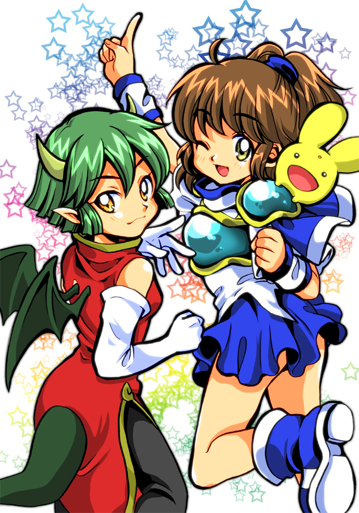 2girls, :d, ;d, arle_nadja, arm_up, armor, armored_dress, brown_hair, carbuncle_(puyopuyo), china_dress, chinese_clothes, clenched_hand, creature, draco_centauros, dragon_tail, dragon_wings, elbow_gloves, gloves, green_hair, half_updo, horns, index_finger_raised, looking_back, madou_monogatari, multiple_girls, open_mouth, pants, pointy_ears, puyopuyo, shoes, short_hair, skirt, smile, star, starry_background, tail, takohati, white_gloves, wings, wink, wrist_cuffs, yellow_eyes