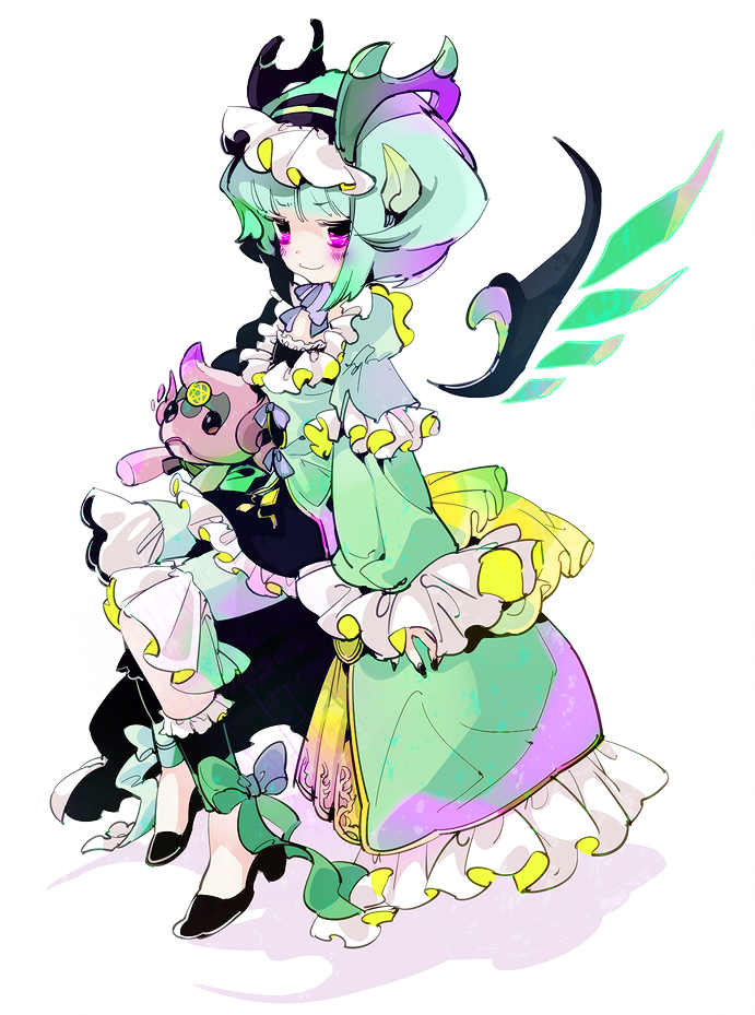 1girl, aqua_hair, astaroth_(p&amp;d), doll, dress, green_dress, puzzle_&amp;_dragons, short_hair, sleeves_past_wrists, smile, solo, violet_eyes, wings, xenophile