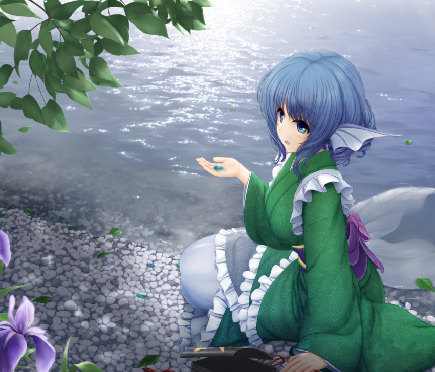 1girl, animal_ears, blue_eyes, blue_hair, blush, head_fins, japanese_clothes, long_sleeves