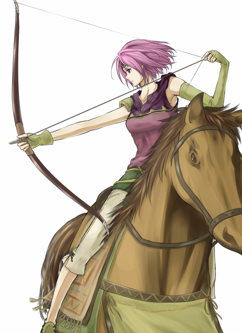 1girl, arrow, bow_(weapon), delsaber, fingerless_gloves, fire_emblem, fire_emblem:_seima_no_kouseki, gloves, headband, horse, horseback_riding, neimi, pink_eyes, pink_hair, short_hair, single_elbow_glove, solo, weapon