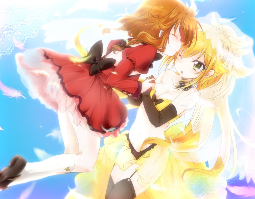 2girls, blonde_hair, bow, brown_hair, closed_eyes, fantasista_doll, holding_hands, mochiko_(x-game), multiple_girls, open_mouth, sasara_(fantasista_doll), skirt, smile, uno_uzume, wink, yellow_eyes, yuri