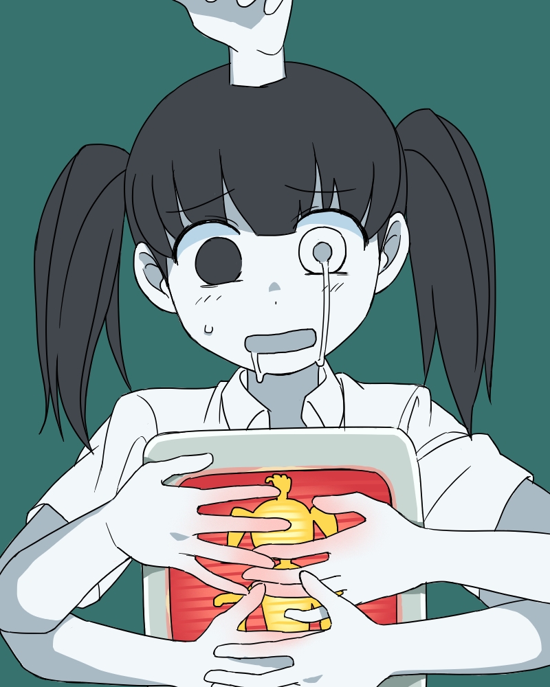 1girl, black_hair, frown, green_background, monoko, smile, solo, traffic_light