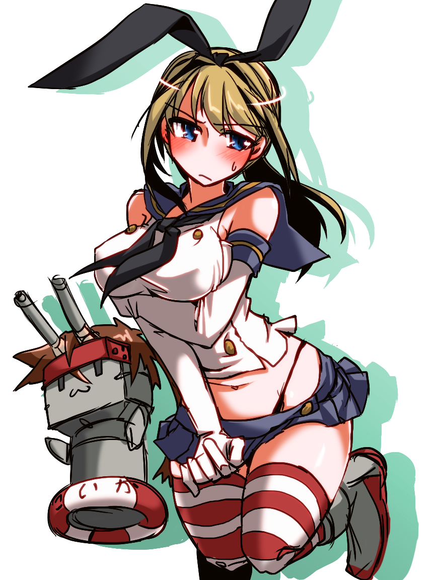 1girl, bare_shoulders, black_panties, blonde_hair, blue_hair, breasts, elbow_gloves, genderswap