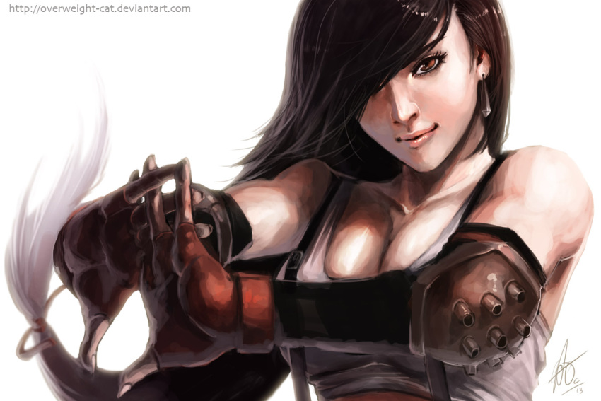 1girl, andika_pradana, black_hair, breasts, brown_eyes, cleavage, cracking_knuckles, earrings