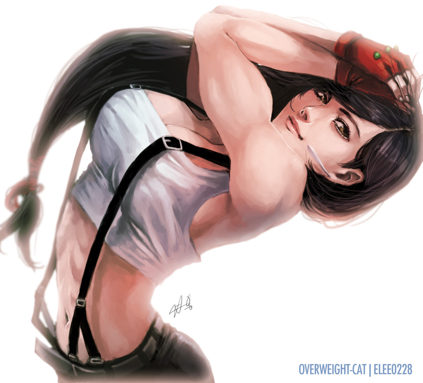 1girl, andika_pradana, artist_name, black_hair, breasts, brown_eyes, cleavage, earrings, elbow_gloves, final_fantasy, final_fantasy_vii, fingerless_gloves, gloves, highres, jewelry, large_breasts, lips, long_hair, midriff, muscle, nose, signature, skirt, smile, solo, suspenders, tank_top, tifa_lockhart