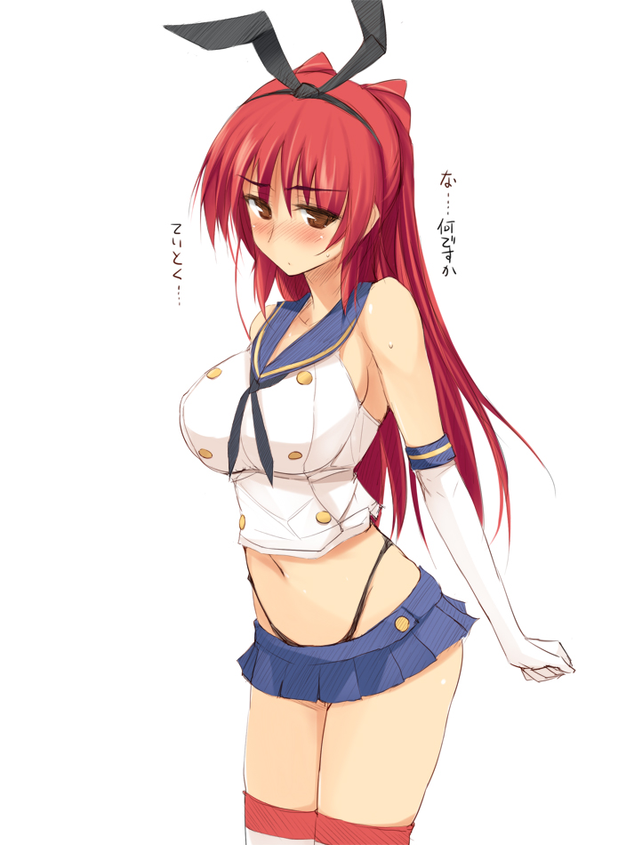 1girl, bare_shoulders, black_panties, blush, breasts, brown_eyes, cosplay, elbow_gloves