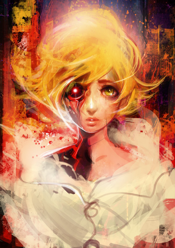 1girl, android, blonde_hair, broken, glowing, glowing_eye, green_eyes, heterochromia, lips, looking_at_viewer, metropolis, muju, nose, red_eyes, short_hair, solo, tima_(metropolis)