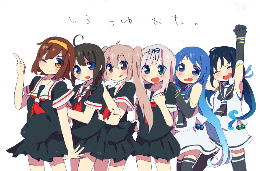 6+girls, bangs, bare_shoulders, black_hair, black_legwear, blonde_hair, blue_eyes, blue_hair