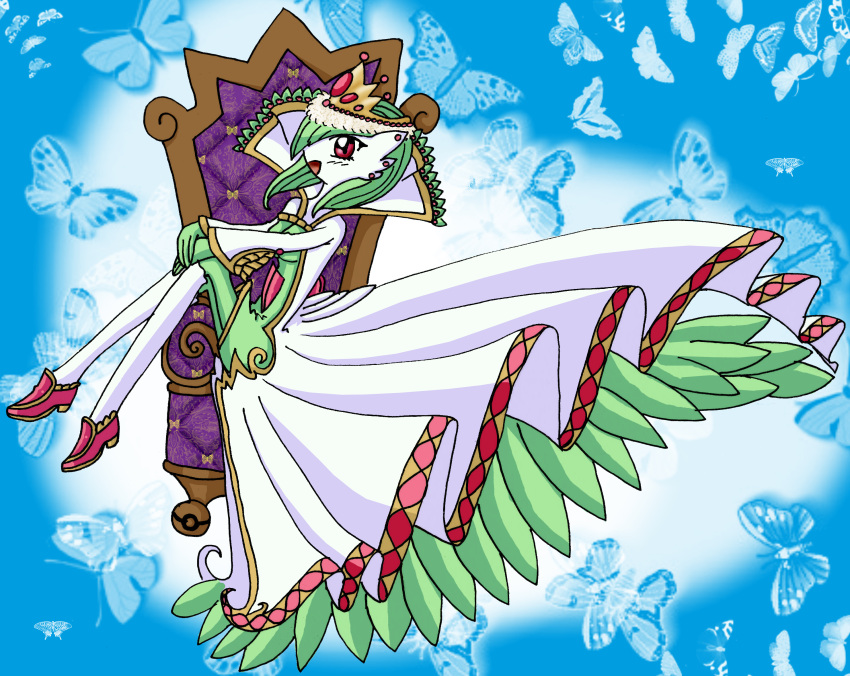 absurdres, fantastmic_(artist), gardevoir, happy, no_humans, pokemon, princess, queen, shoes, solo, throne