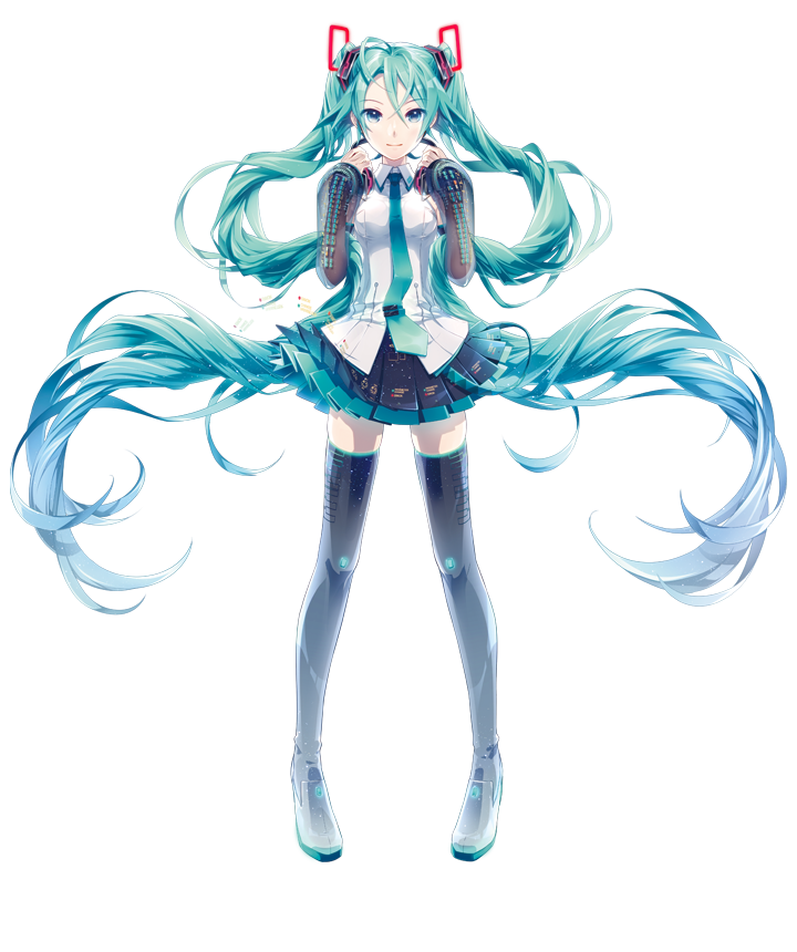 1girl, aqua_eyes, aqua_hair, detached_sleeves, gradient_hair, hatsune_miku, hatsune_miku_(vocaloid3), headphones, headphones_around_neck, ixima, long_hair, miniskirt, multicolored_hair, necktie, skirt, solo, thighhighs, transparent_background, twintails, vocaloid, zettai_ryouiki