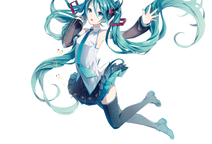 1girl, aqua_eyes, aqua_hair, detached_sleeves, gradient_hair, hatsune_miku, hatsune_miku_(vocaloid3), headphones, highres, ixima, long_hair, miniskirt, multicolored_hair, necktie, skirt, solo, thighhighs, transparent_background, twintails, vocaloid, zettai_ryouiki