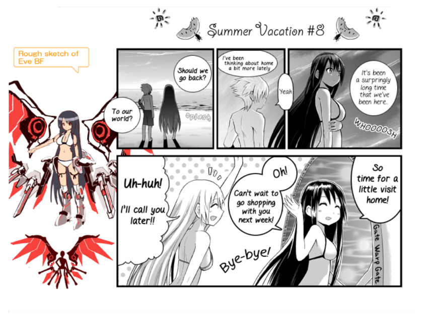 1boy, 2girls, armor, artist_request, bikini, black_hair, breasts, cosmic_break, eve_(cosmic_break), jace_(cosmic_break), multiple_girls, official_art, red_eyes, swimsuit