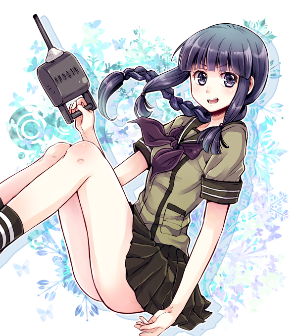 1girl, black_eyes, black_hair, braid, kantai_collection, kitakami_(kantai_collection), long_hair, looking_at_viewer, machinery, nekopu, open_mouth, personification, ribbon, school_uniform, sitting, solo, turret