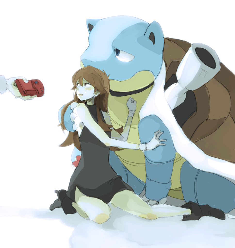 1girl, black_dress, blastoise, blue_(pokemon), brown_hair, cameo, dress, holding