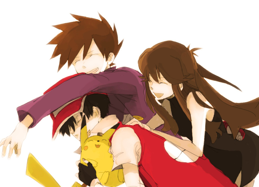 1girl, 2boys, bad_id, black_dress, blue_(pokemon), blue_(pokemon)_(classic), brown_hair, dress