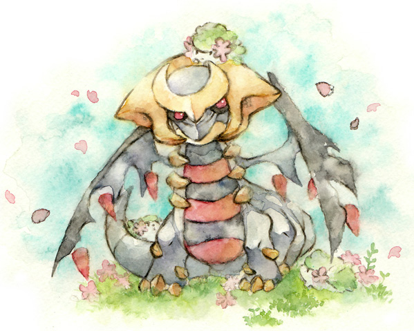 dragon, flower, giratina, kazaori, nintendo, petals, pokemon, pokemon_(creature), pokemon_(game), pokemon_dppt, shaymin, traditional_media, watercolor_(medium)