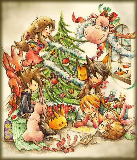 blue_(pokemon), brown_hair, christmas, christmas_tree, closed_eyes, coloring, delibird, espeon, gift, jigglypuff, kazaori, nintendo, ookido_green, pikachu, poke_ball, pokemon, pokemon_(creature), pokemon_special, raticate, red_(pokemon), ribbon, scarf, scizor, tail, tail_bow, tail_ribbon, wink, yellow_(pokemon)