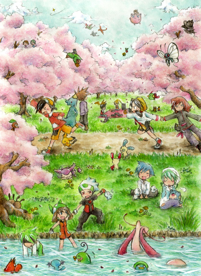 aerodactyl, aipom, alternate_costume, aron, bad_id, blue_(pokemon), brown_hair, butterfree, castform, character_request, charizard, cherry_blossoms, corphish, crystal_(pokemon), dandelion, espeon, flower, flygon, gold_(pokemon), golduck, hairy_pichu, hat, holding, hoppip, jigglypuff, kazaori, lotad, mikuri_(pokemon), milotic, minun, mitsuru_(pokemon), murkrow, natu, nintendo, nuzleaf, obentou, odamaki_sapphire, pichu, picnic, pika_(pokemon), pikachu, plusle, pokemon, pokemon_(creature), pokemon_(game), pokemon_gsc, pokemon_rgby, pokemon_rse, pokemon_special, politoed, raticate, red_(pokemon), river, ruby_(pokemon), sentret, silver_(pokemon), sneasel, spheal, torchic, tree, tropius, tsuwabuki_daigo, wooper, yellow_(pokemon)