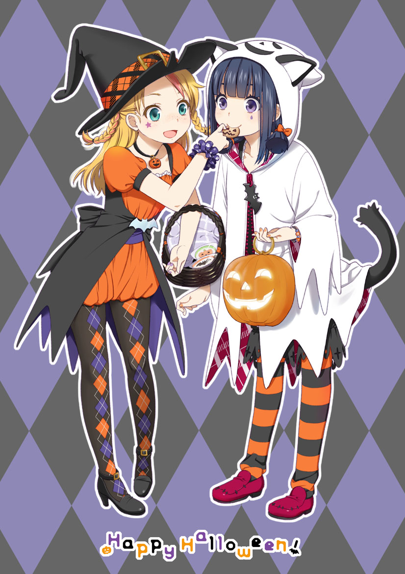 2girls, animal_ears, argyle, argyle_legwear, basket, black_hair, black_legwear, blonde_hair