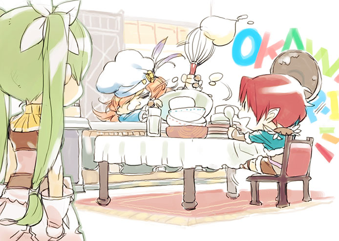1girl, 2boys, :d, akiyoshi_haru, blonde_hair, bowl, chair, chef