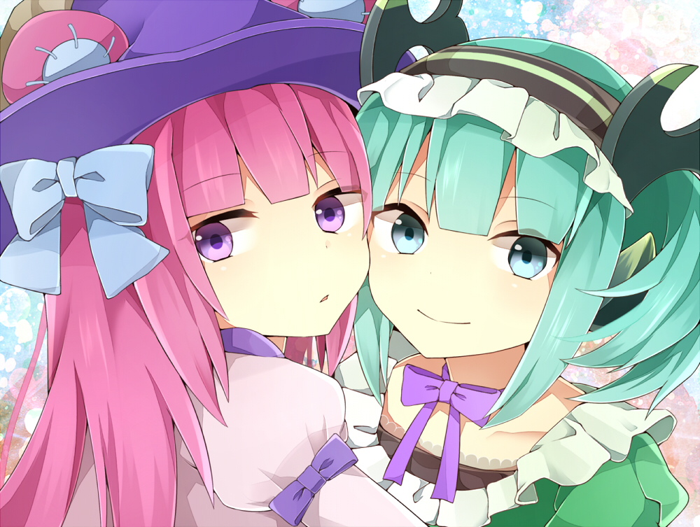 2girls, aqua_eyes, aqua_hair, astaroth_(p&amp;d), dumpty_alma, emil_chronicle_online, hairband, hat