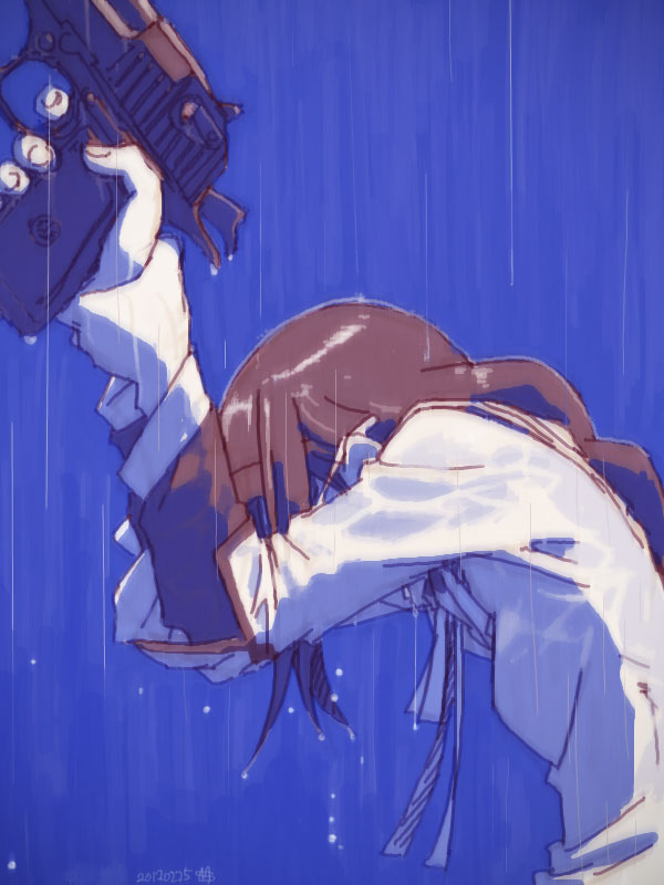 akemi_homura, braid, depressed, glasses, gun, mahou_shoujo_madoka_magica, rain, sukocchi_moruto