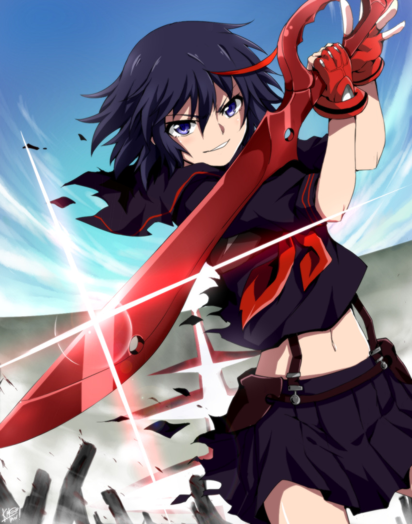 1girl, black_hair, blue_eyes, fingerless_gloves, gloves, highres, kago-tan, kill_la_kill