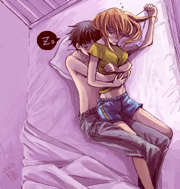 1boy, 1girl, amelie, bed, black_hair, brown_hair, hair_down, hug, ikari_shinji, long_hair, navel, neon_genesis_evangelion, no_shirt, pillow, shorts, sleeping, sleepy, souryuu_asuka_langley, spooning, t-shirt, wink