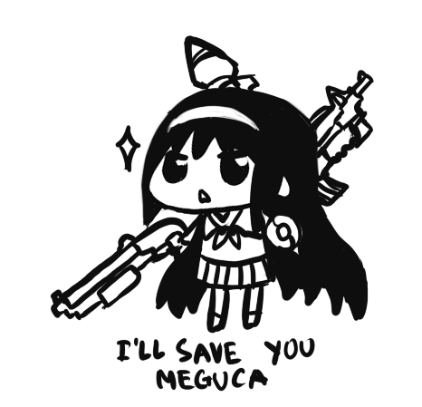 akemi_homura, chibi, explosive, grenade, gun, invader, lowres, mahou_shoujo_madoka_magica, monochrome, shotgun, solo, weapon