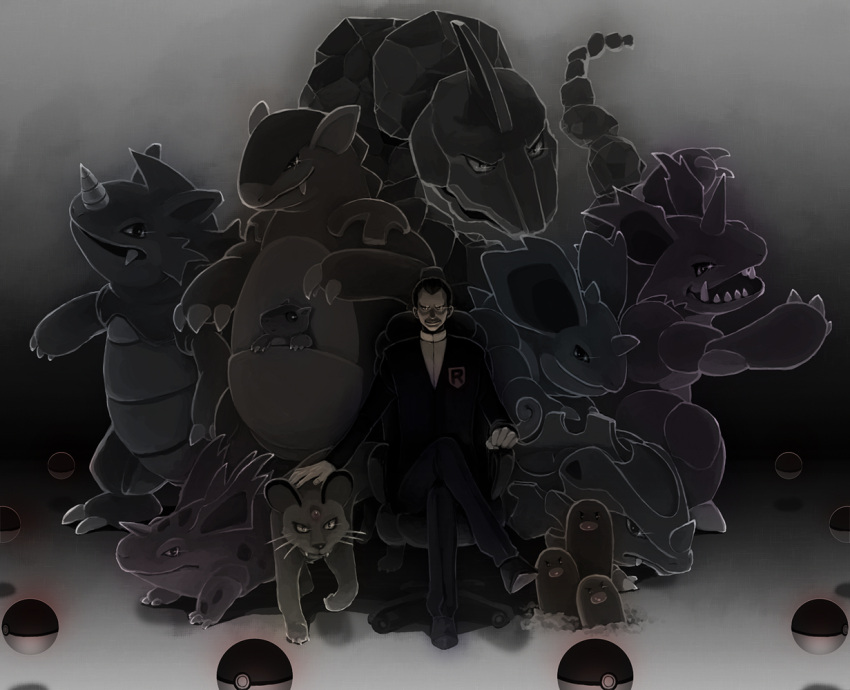 dugtrio, gym_leader, kangaskhan, male, nidoking, nidoqueen, nidorino, nintendo, onix, persian, poke_ball, pokemon, rhydon, rhyhorn, sakaki_(pokemon), shoku, sitting