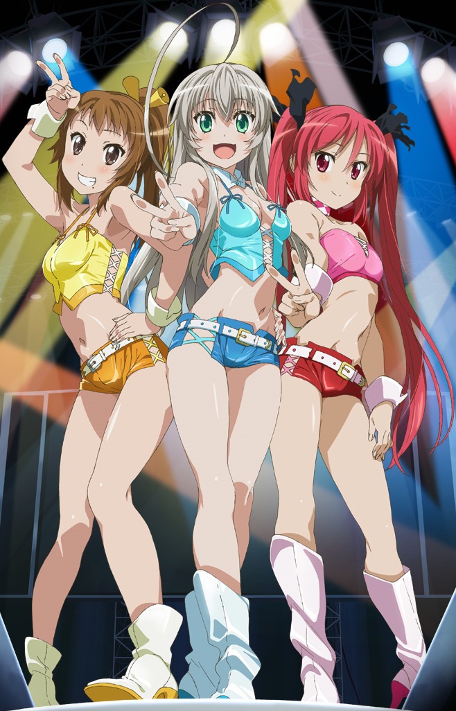 3girls, ahoge, boots, brown_eyes, brown_hair, cthugha_(nyaruko-san), green_eyes, haiyore!_nyaruko-san, high_heels, kurei_tamao, legs, long_hair, looking_at_viewer, midriff, mole, multiple_girls, navel, nyarlathotep_(nyaruko-san), official_art, red_eyes, redhead, short_shorts, shorts, silver_hair, smile, stage, stage_lights, twintails, v, wrist_cuffs