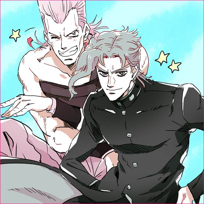 2boys, earrings, gakuran, grey_hair, jean_pierre_polnareff, jewelry, jojo_no_kimyou_na_bouken, kakyouin_noriaki
