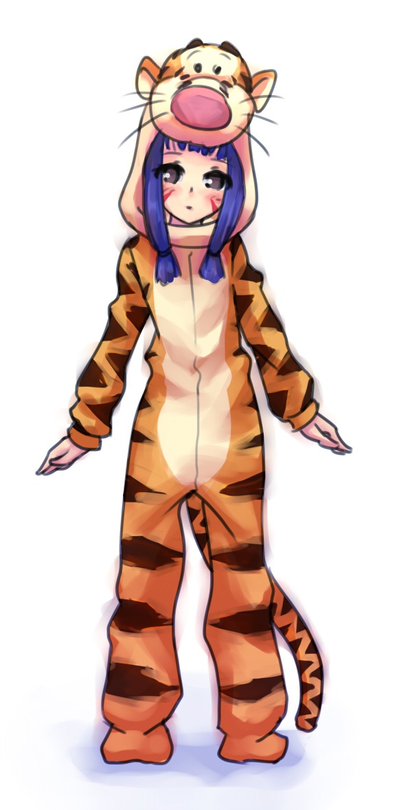 1girl, animal_costume, blue_hair, blush, brown_eyes, cosplay, disney, facial_tattoo