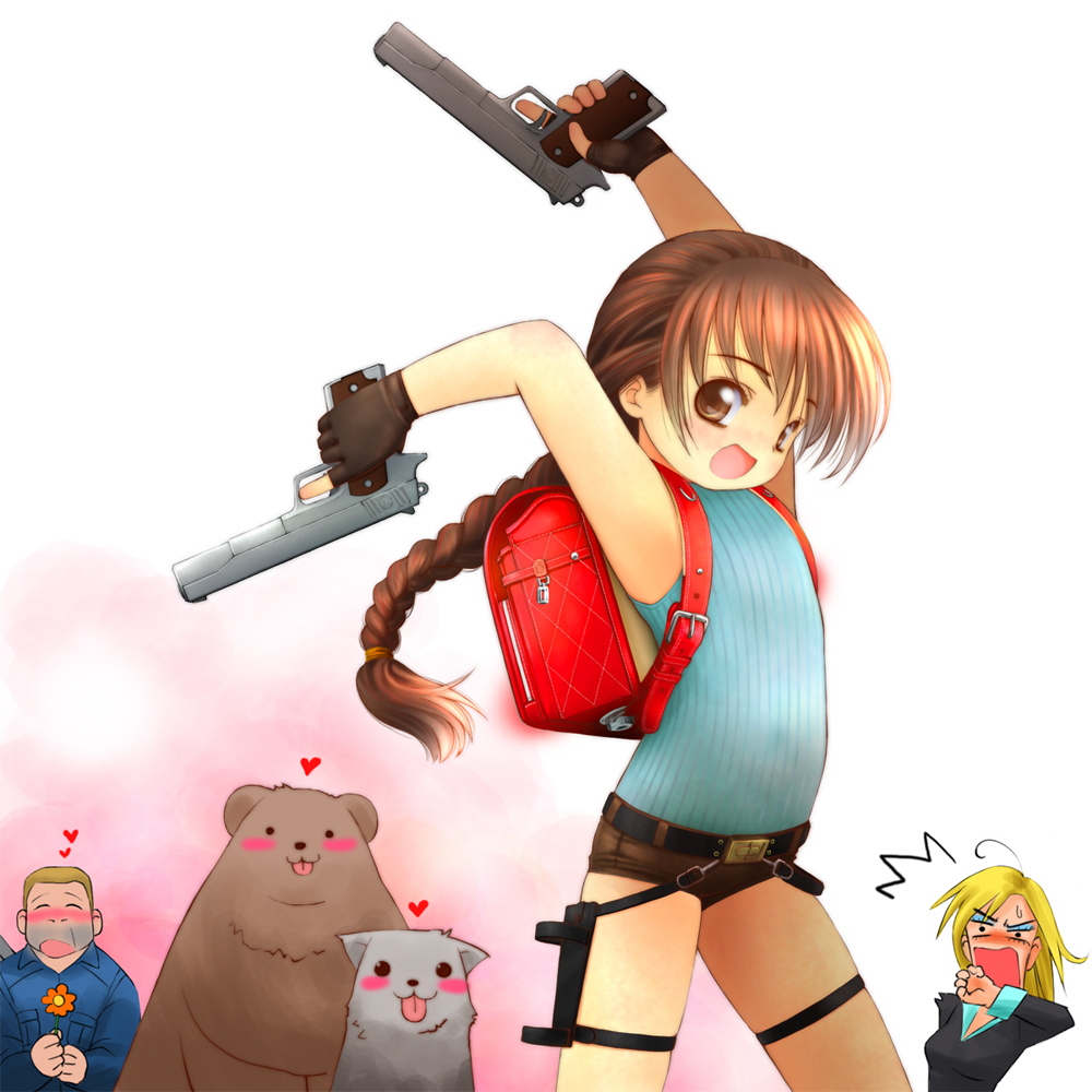 backpack, bag, bear, belt, braid, brown_eyes, brown_hair, child