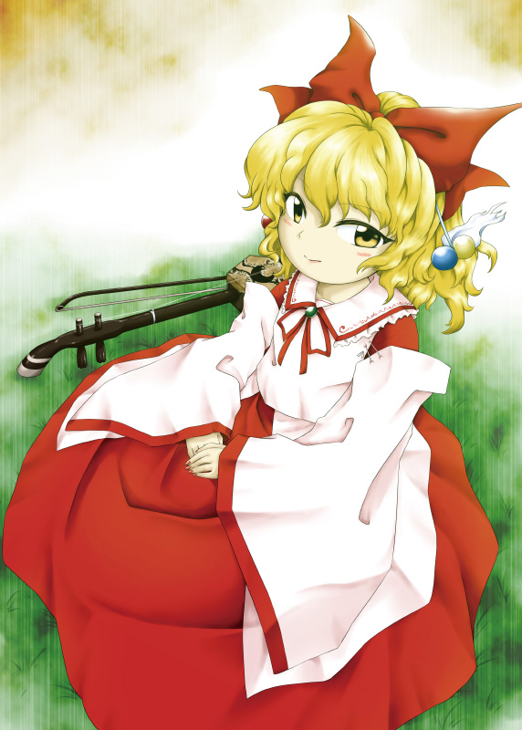 1girl, blonde_hair, bow, detached_sleeves, erhu, hair_bow, instrument, sakuragi_rian, satsuki_rin, short_hair, sitting, touhou, yellow_eyes