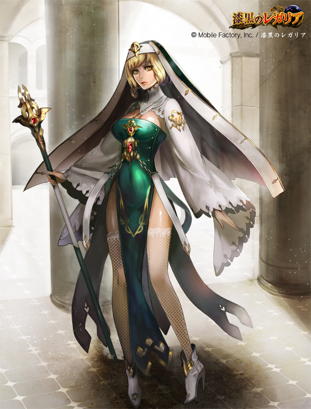 1girl, astarone, fantasy, fishnets, hat, long_hair, priest, priest_(shikkoku_no_regalia), shikkoku_no_regalia, solo, staff, thigh-highs, veil