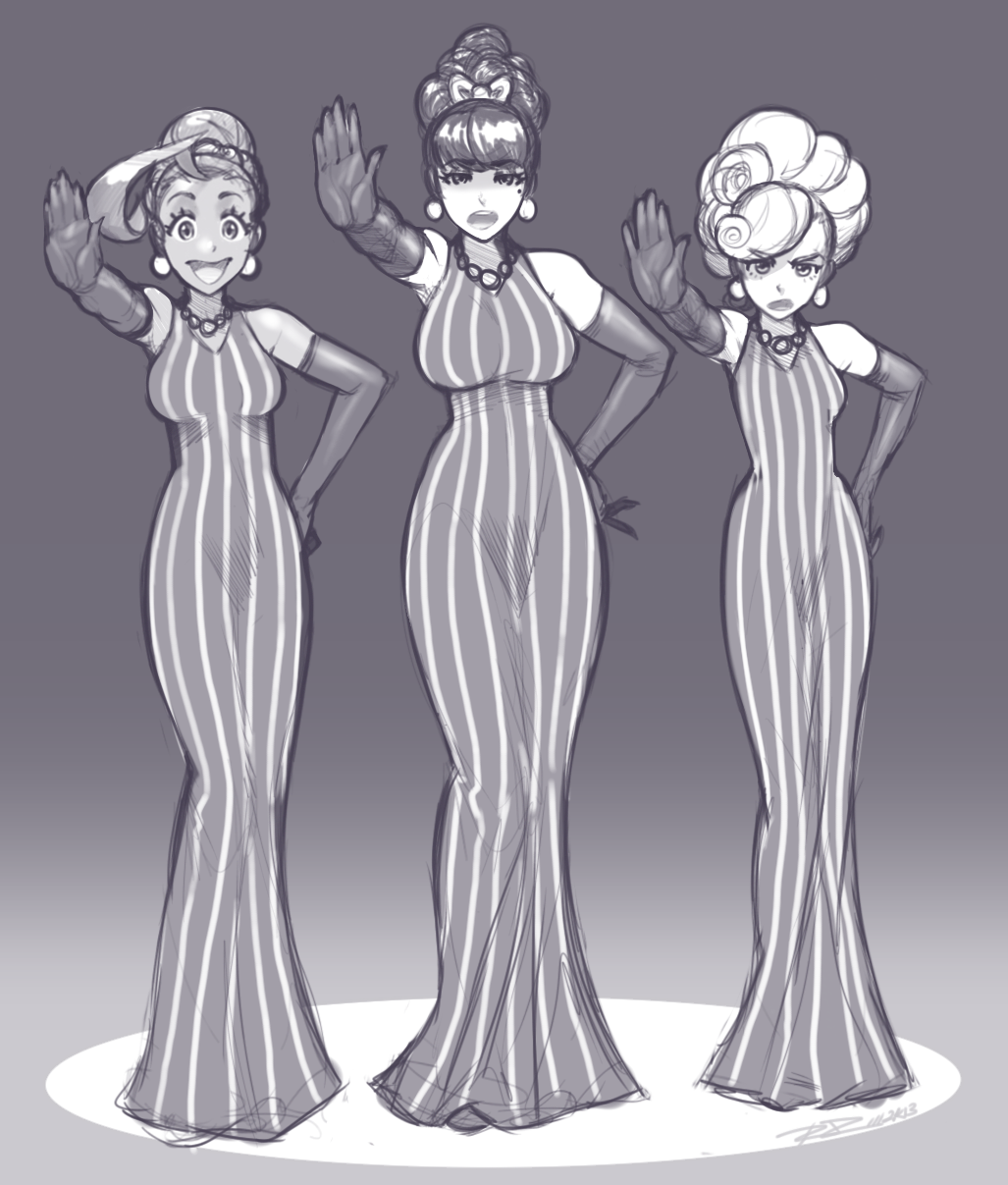 3girls, ahoge, bare_shoulders, bliss_barson, breasts, cocktail_dress, commentary, cryamore