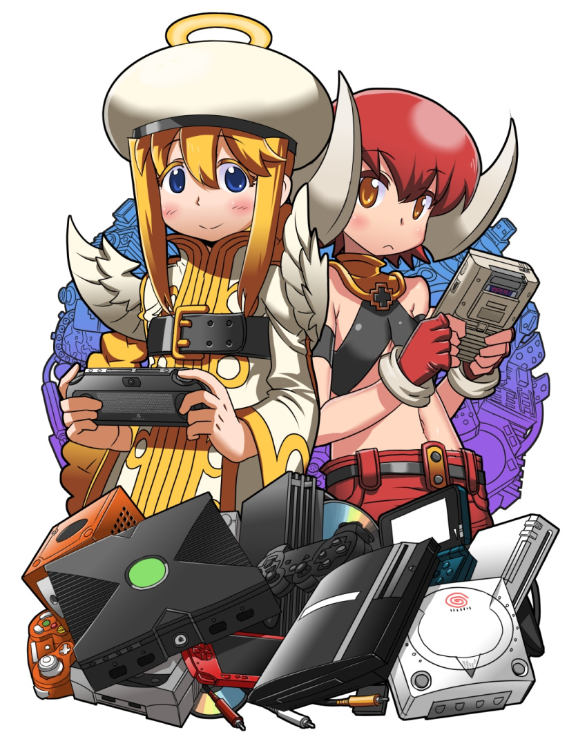 2girls, bare_shoulders, beltbra, blonde_hair, blue_eyes, blush, cable, character_request, controller, denshi_yuugi_mokushiroku, dreamcast, dualshock, fingerless_gloves, game_boy, game_controller, gamecube, gamepad, gloves, halo, halter_top, halterneck, hat, highres, horns, long_hair, matsuda_yuusuke, midriff, mini_wings, multiple_girls, nintendo_3ds, playing_games, playstation_2, playstation_3, playstation_portable, playstation_vita, redhead, sega_saturn, short_hair, wii, xbox, yellow_eyes