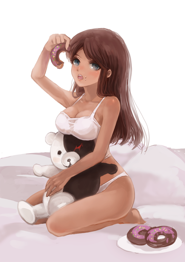1girl, asahina_aoi, blue_eyes, brown_hair, chiko_(d04099), dangan_ronpa, doughnut, eating, food, long_hair, monokuma, open_mouth, simple_background, solo, stuffed_animal, stuffed_toy, underwear, white_background