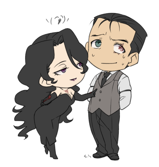 1boy, 1girl, black_hair, chibi, flirting, fullmetal_alchemist, hetero, homunculus