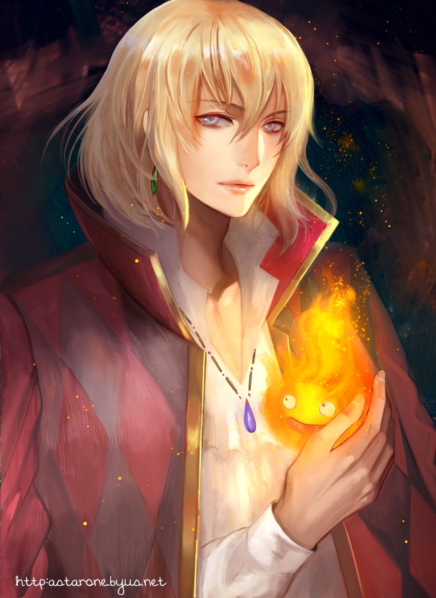 1boy, astarone, blonde_hair, blue_eyes, calcifer, cape, fire, howl