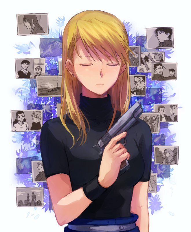 1girl, berthold_hawkeye, black_hayate, black_shirt, blonde_hair, cameo, closed_eyes, earrings