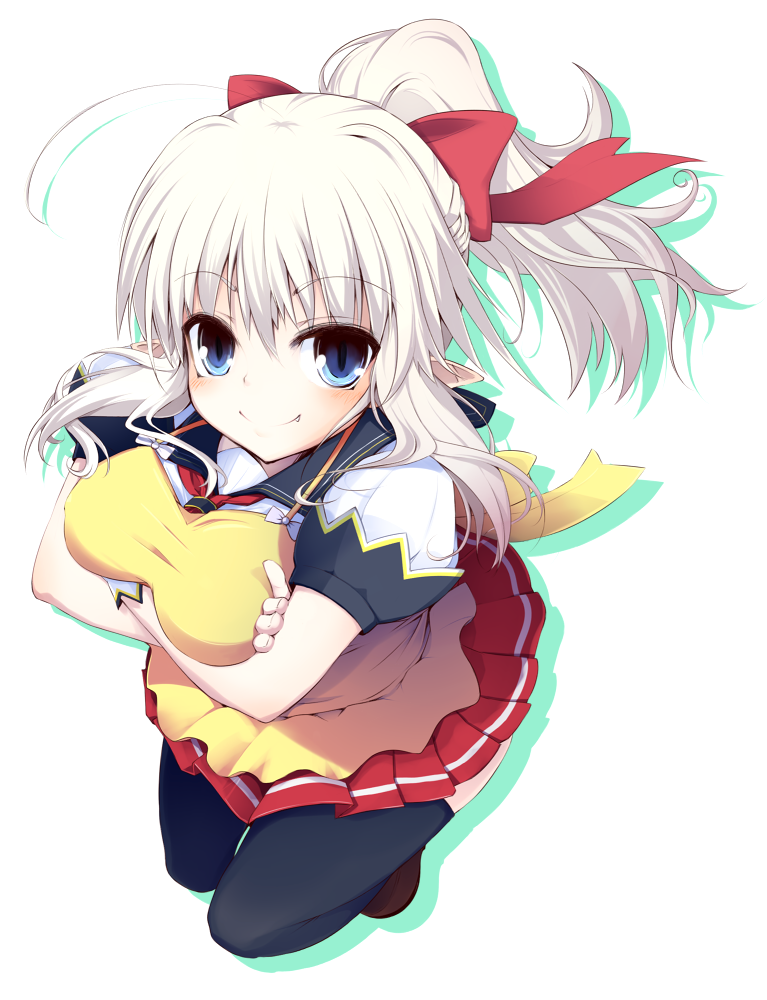 1girl, ahoge, apron, bow, breasts, hair_bow, momo_(higanbana_and_girl), open_clothes, open_shirt, phino_bloodstone, pointy_ears, skirt, thighhighs, white_hair, yuusha_ni_narenakatta_ore_wa_shibushibu_shuushoku_wo_ketsui_shimashita