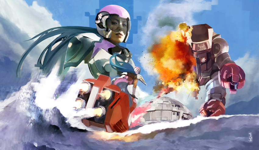 1girl, battle, blue_hair, bodysuit, burning_force, clouds, damaged, dual_persona