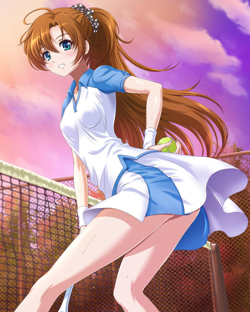 1girl, :d, ahoge, ball, blue_eyes, breasts, brown_hair, chaki-yam