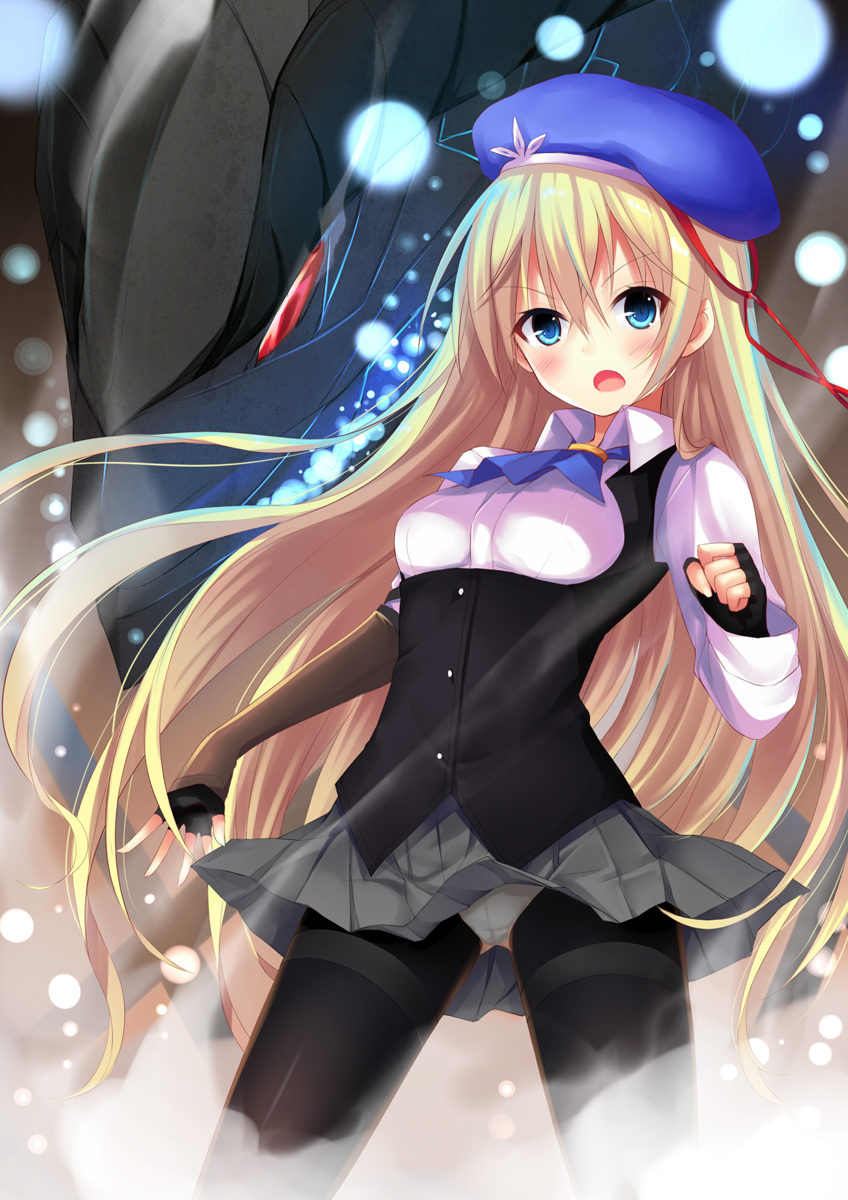 1girl, aixioo, beret, blonde_hair, blue_eyes, blush, charlotte_blue, dragon, dress_shirt, fingerless_gloves, gloves, hat, highres, kikou_shoujo_wa_kizutsukanai, long_hair, neckerchief, open_mouth, panties, panties_under_pantyhose, pantyhose, red_eyes, shirt, sigmund_(kikou_shoujo_wa_kizutsukanai), skirt, underwear