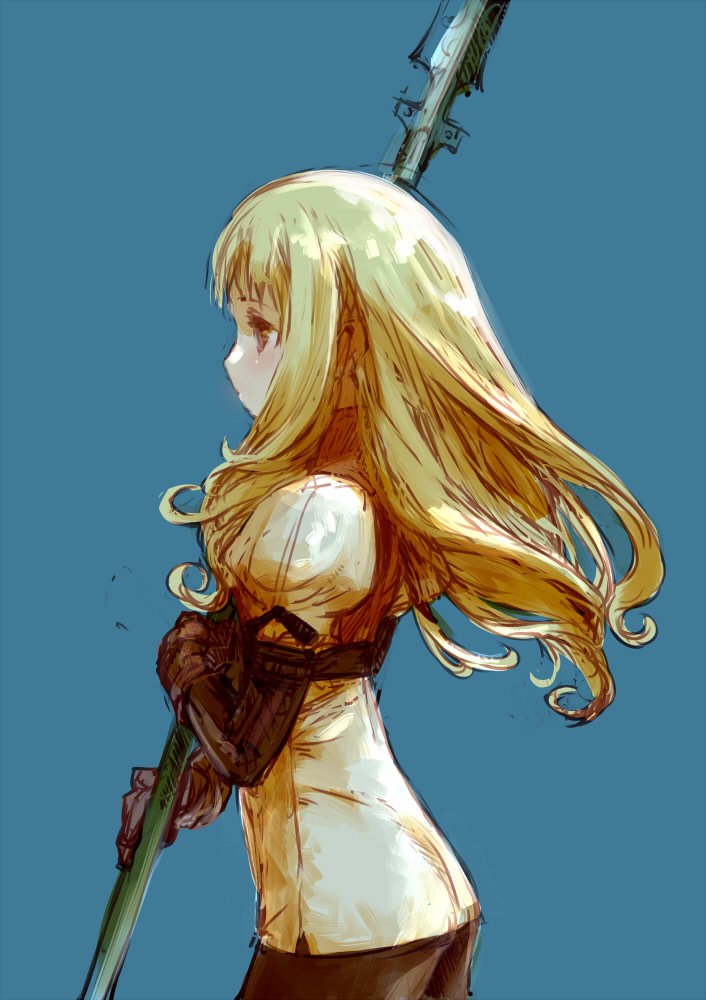 aire_(final_fantasy), bad_id, blonde_hair, blush, branch_(artist), branch_(blackrabbits), brown_eyes, final_fantasy, gloves, hikari_no_4_senshi, polearm, spear, weapon