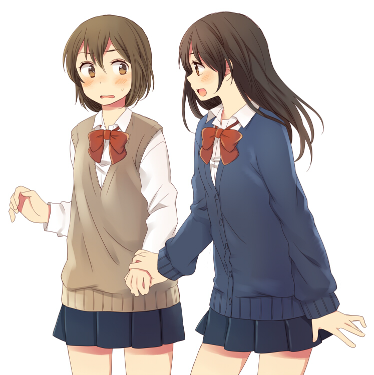 2girls, black_hair, blush, brown_eyes, brown_hair, cardigan, hachiko_(hati12), holding_hands